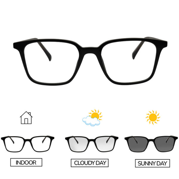 Black Color Sqaure Shape Photochromic Glasses